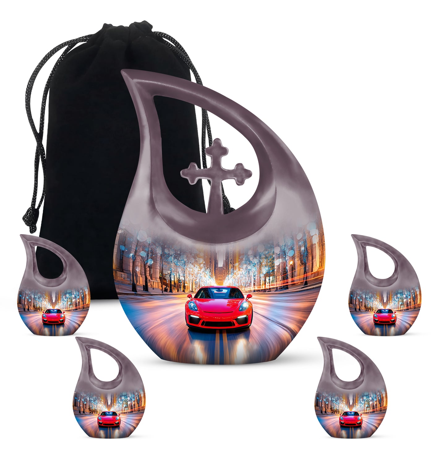 Celestial Blue Car Cremation Urn urn with complimentary velvet bag - cross and car combined in spiritual memorial design - memorial set with one large and four small urns
