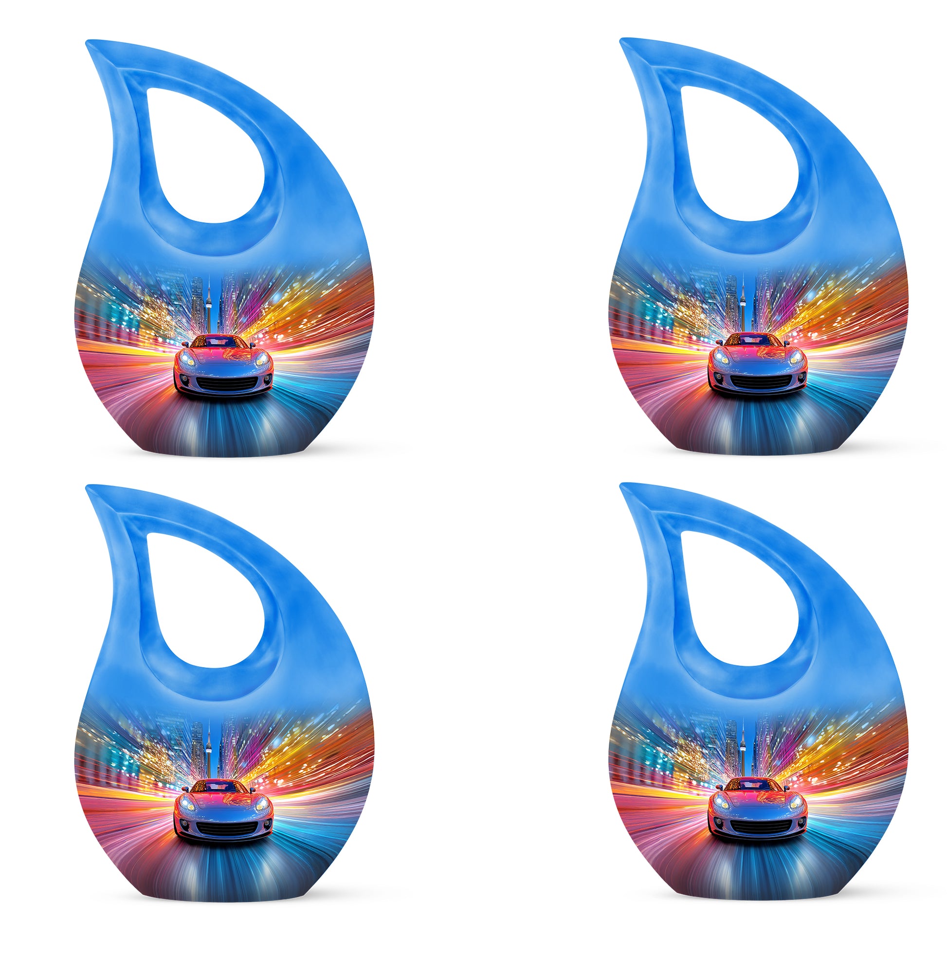 Misty Blue Car Cremation Urn lifestyle display on memorial shelf - sacred cross merged with car motif on metal - 10 inch aluminum urn for cremated remains