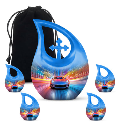 Sky Blue Car Cremation Urn urn with complimentary velvet bag - sacred cross merged with car motif on metal - memorial set with one large and four small urns