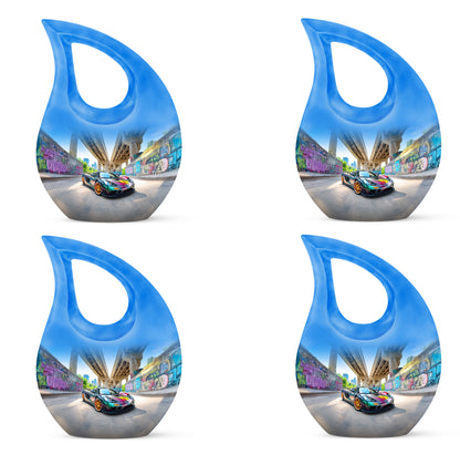 Misty Blue Car Cremation Urn lifestyle display on memorial shelf - cross and car combined in spiritual memorial design - 10 inch aluminum urn for cremated remains