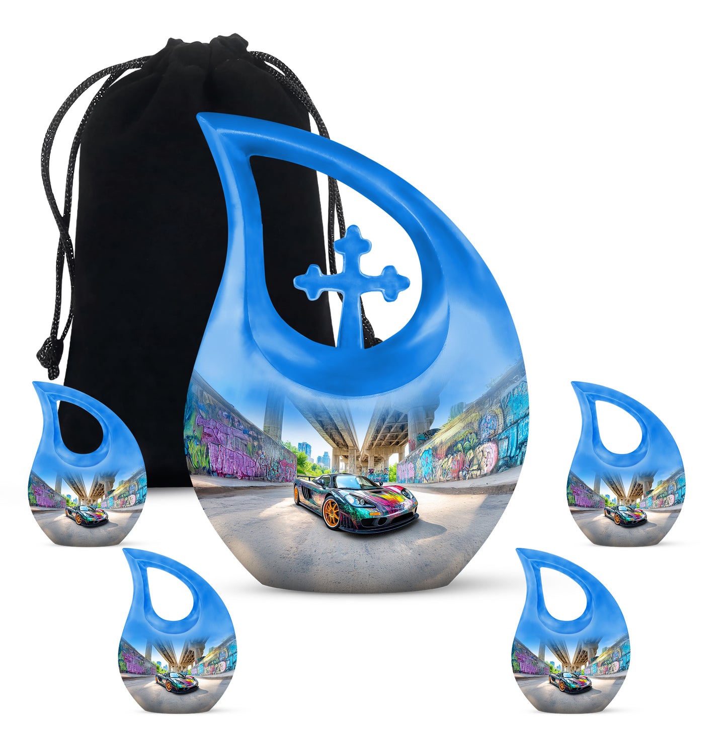 Celestial Blue Car Cremation Urn urn with complimentary velvet bag - sacred cross merged with car motif on metal - memorial set with one large and four small urns