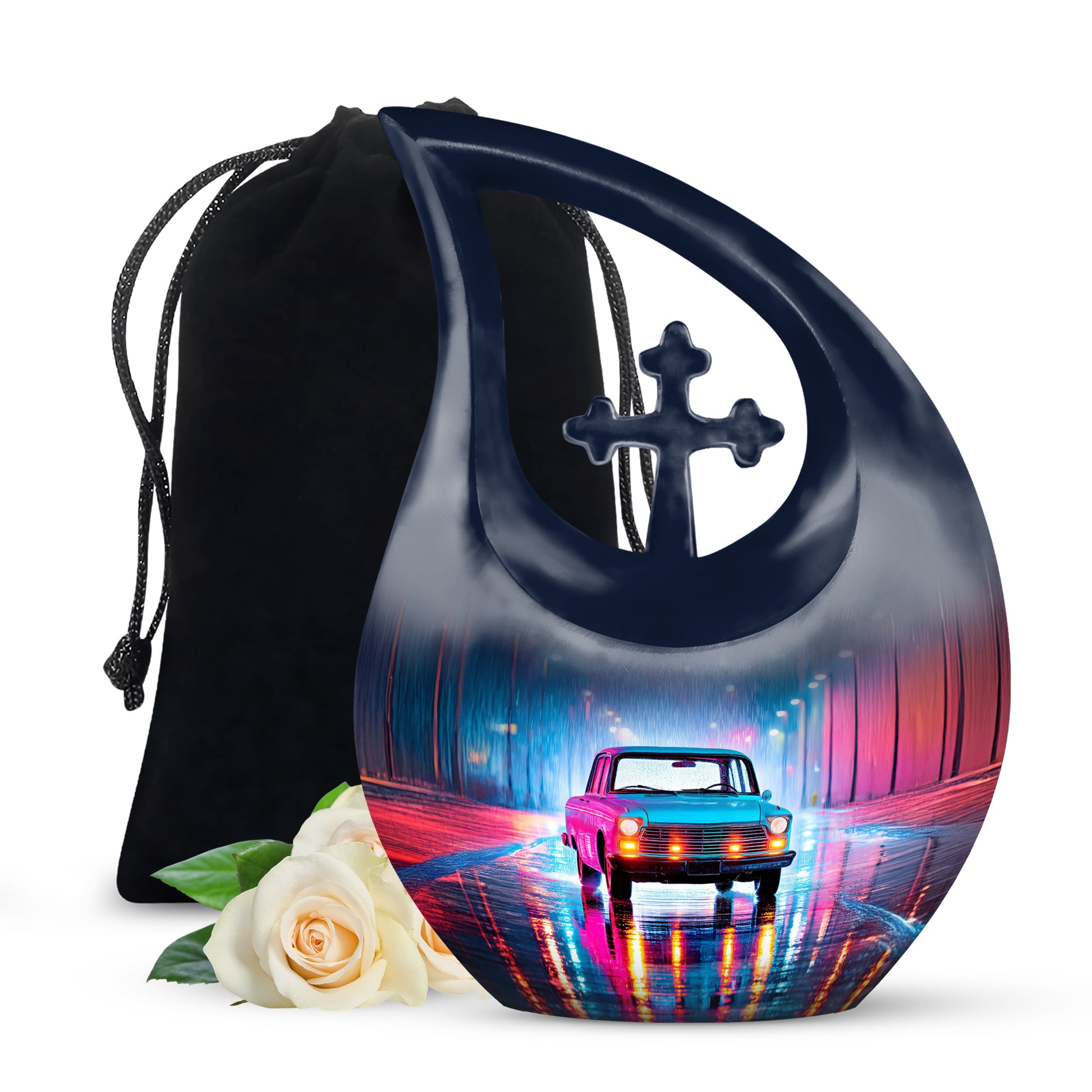 Misty Blue Car Cremation Urn top-down view of secure threaded lid - sacred cross merged with car motif on metal - full-size 10 inch 200 cubic inch adult cremation urn