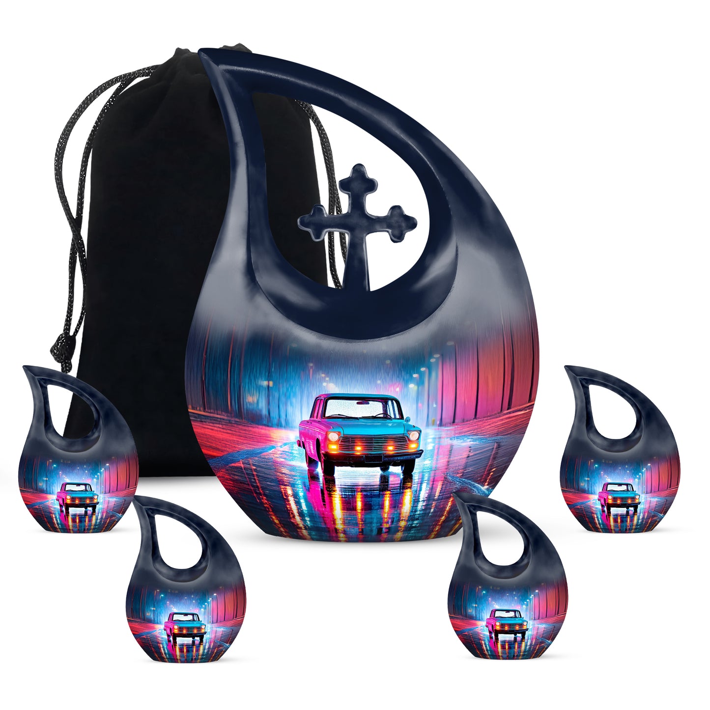 Celestial Blue Car Cremation Urn urn with complimentary velvet bag - sacred cross merged with car motif on metal - memorial set with one large and four small urns
