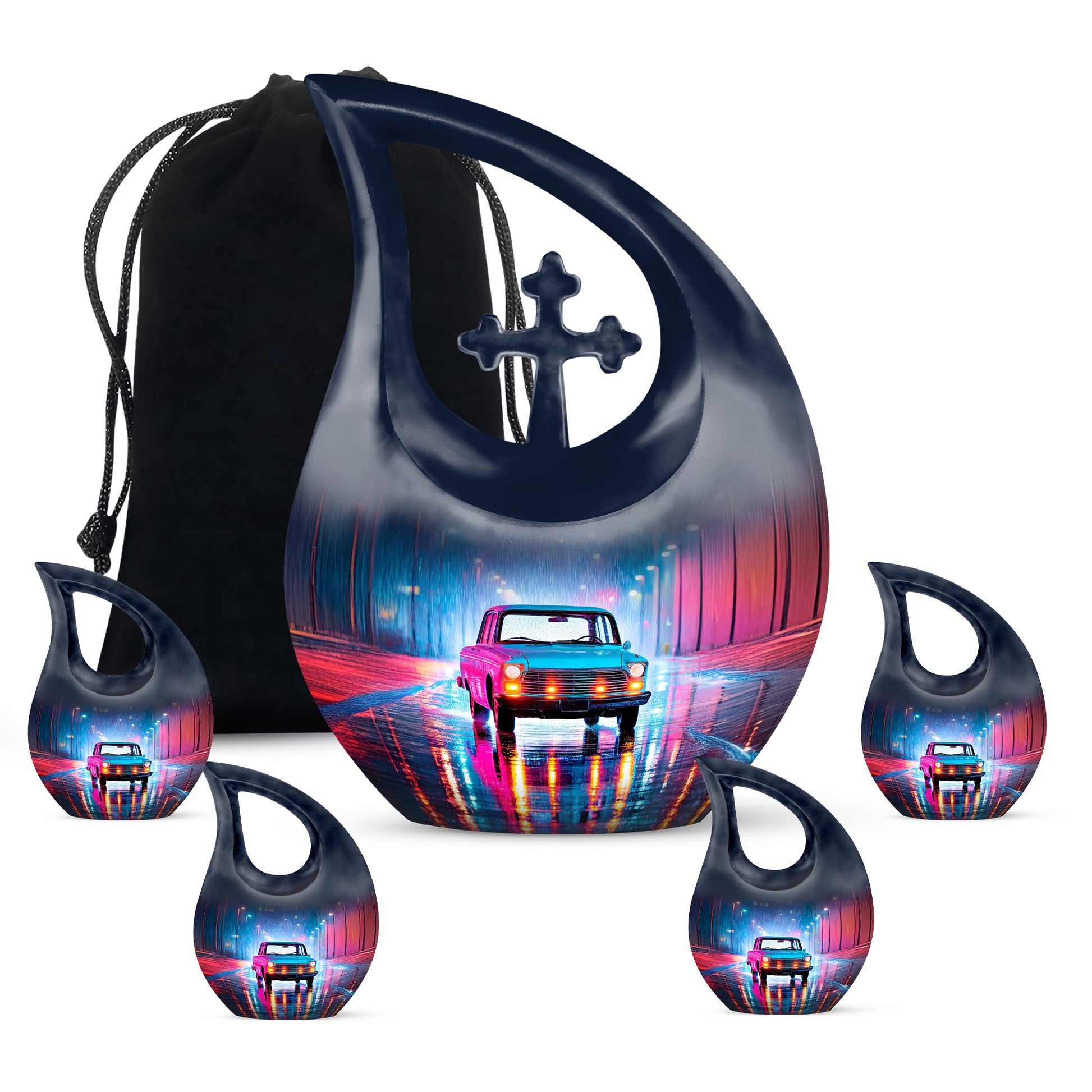 Celestial Blue Car Cremation Urn urn with complimentary velvet bag - sacred cross merged with car motif on metal - memorial set with one large and four small urns