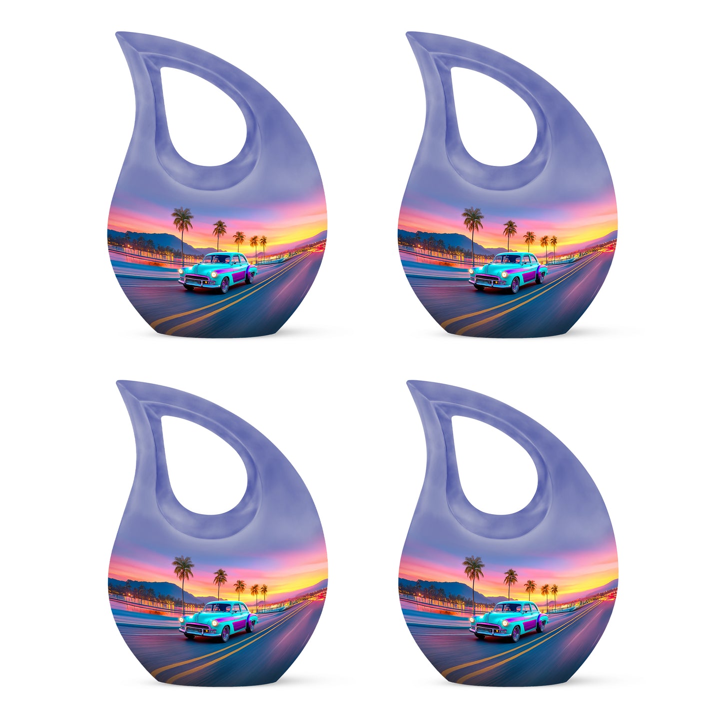 Serene Blue Car Cremation Urn lifestyle display on memorial shelf - faith-inspired cross-drop urn with car pattern - 10 inch aluminum urn for cremated remains