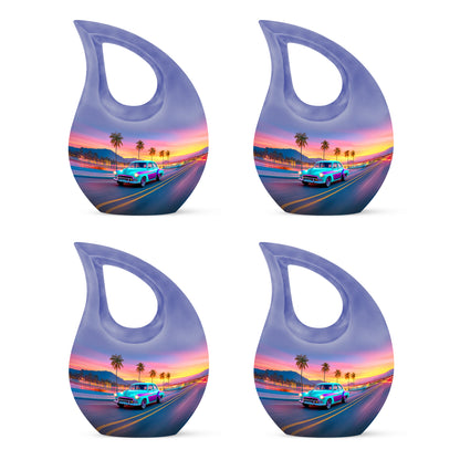 Serene Blue Car Cremation Urn lifestyle display on memorial shelf - faith-inspired cross-drop urn with car pattern - 10 inch aluminum urn for cremated remains