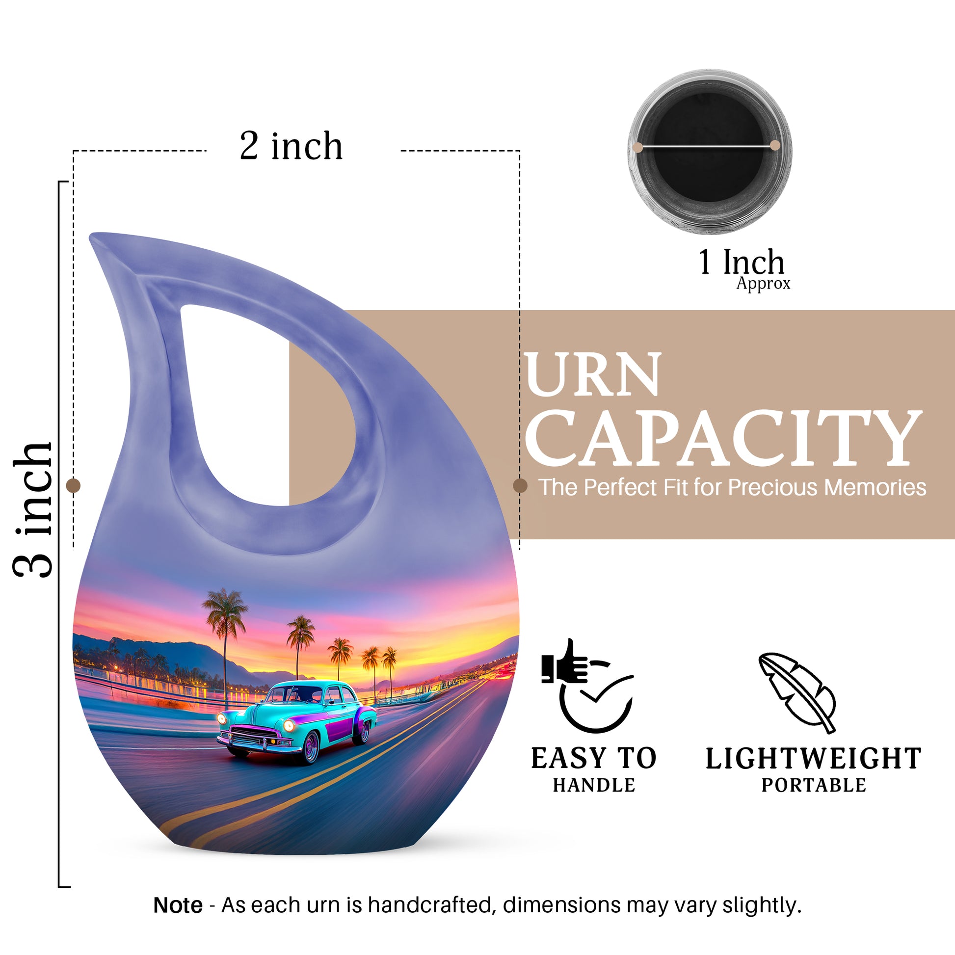 Celestial Blue Car Cremation Urn back view with polished surface - sacred cross merged with car motif on metal - mini keepsake memorial for portion of cremation ashes