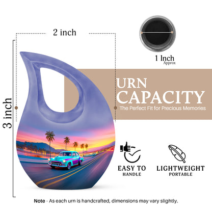 Celestial Blue Car Cremation Urn back view with polished surface - sacred cross merged with car motif on metal - mini keepsake memorial for portion of cremation ashes