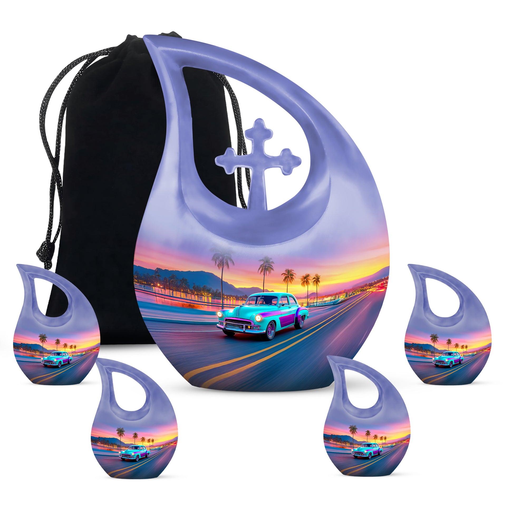 Steel Blue Car Cremation Urn urn with complimentary velvet bag - devotional cross-drop car engraving - memorial set with one large and four small urns