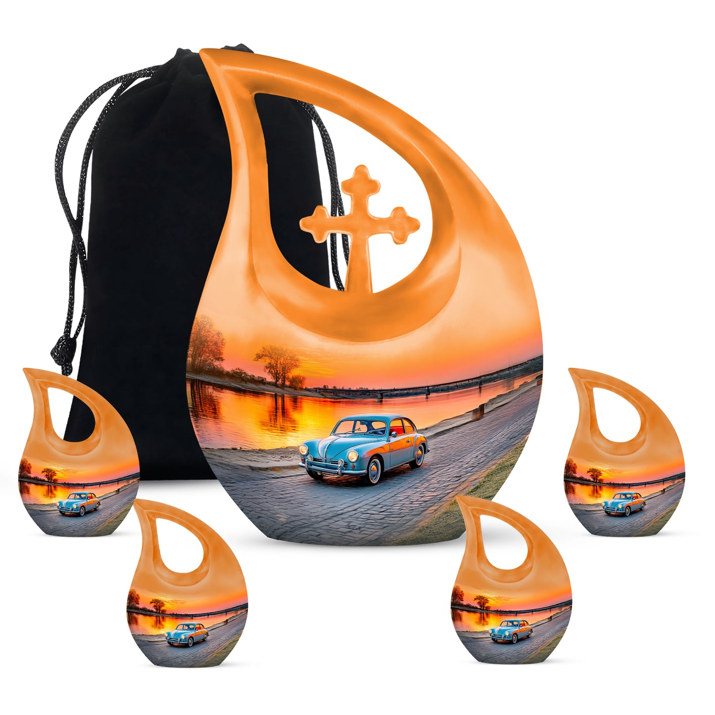 Salmon Pink Car Cremation Urn urn with complimentary velvet bag - faith-inspired cross-drop urn with car pattern - memorial set with one large and four small urns