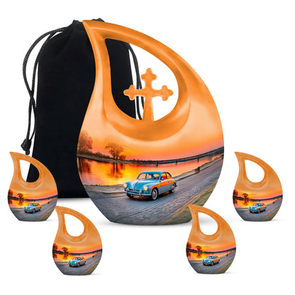 Salmon Pink Car Cremation Urn urn with complimentary velvet bag - faith-inspired cross-drop urn with car pattern - memorial set with one large and four small urns