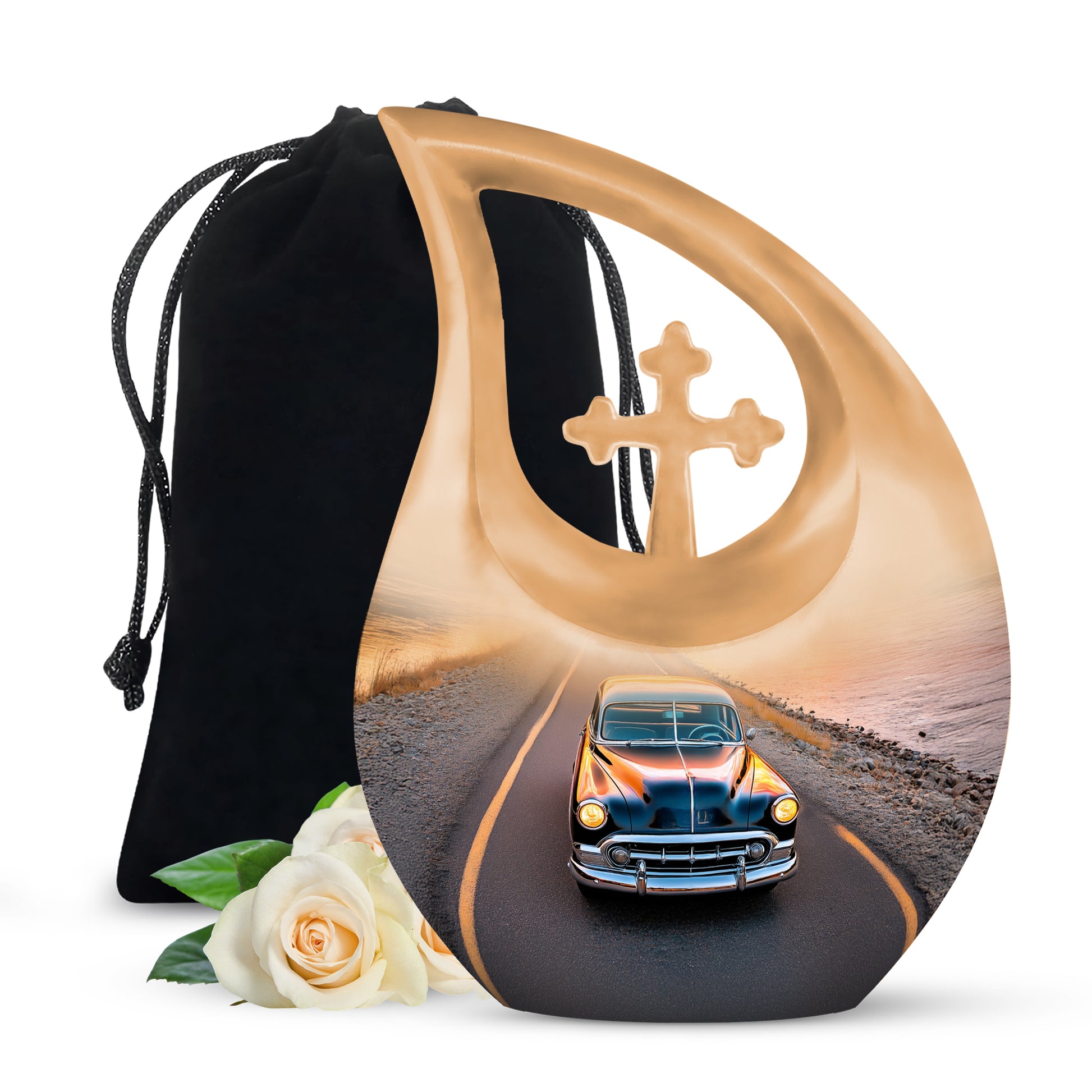 Pastel Blue Car Cremation Urn top-down view of secure threaded lid - sacred cross merged with car motif on metal - full-size 10 inch 200 cubic inch adult cremation urn