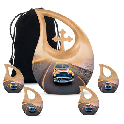 Indigo Car Cremation Urn urn with complimentary velvet bag - sacred cross merged with car motif on metal - memorial set with one large and four small urns