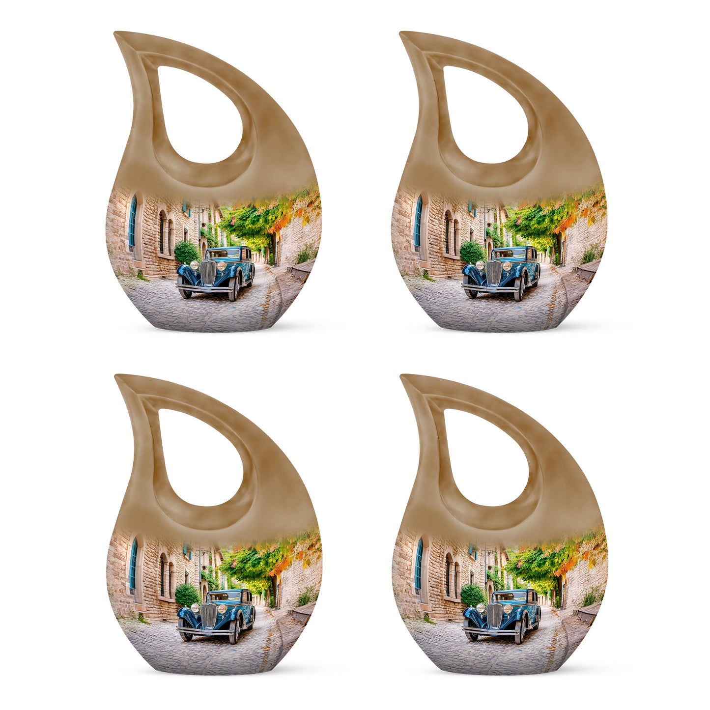 Matte Gold Car Cremation Urn lifestyle display on memorial shelf - faith-inspired cross-drop urn with car pattern - 10 inch aluminum urn for cremated remains