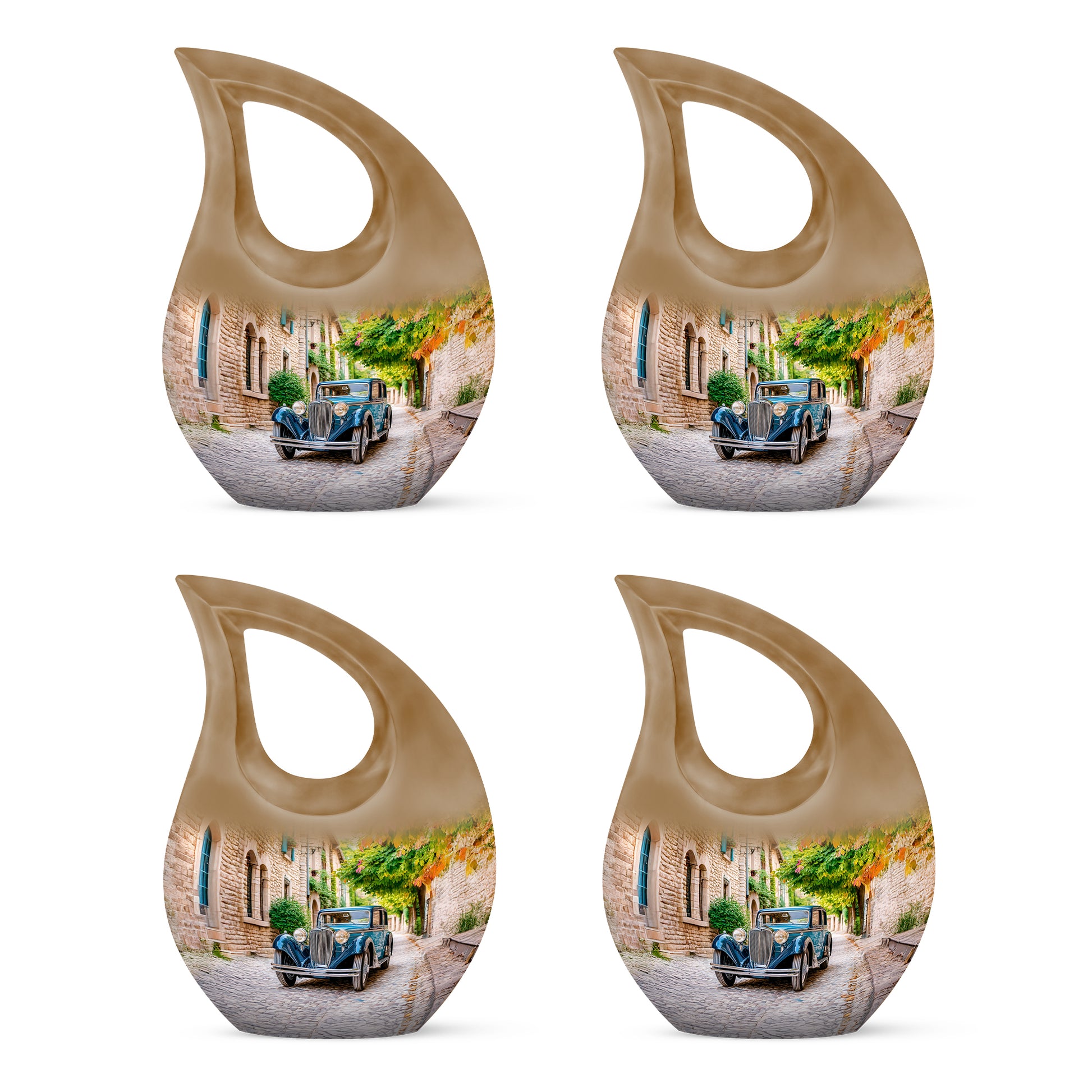 Matte Gold Car Cremation Urn lifestyle display on memorial shelf - faith-inspired cross-drop urn with car pattern - 10 inch aluminum urn for cremated remains