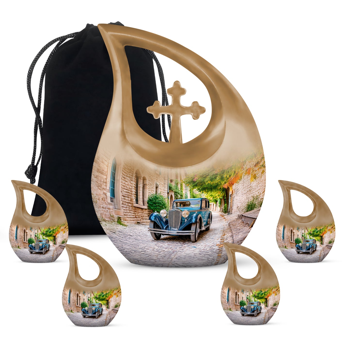 Warm Gold Car Cremation Urn urn with complimentary velvet bag - faith-inspired cross-drop urn with car pattern - memorial set with one large and four small urns