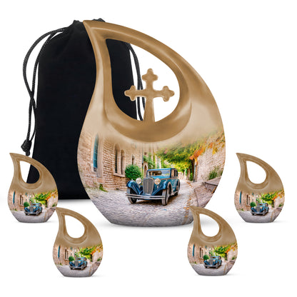 Warm Gold Car Cremation Urn urn with complimentary velvet bag - faith-inspired cross-drop urn with car pattern - memorial set with one large and four small urns