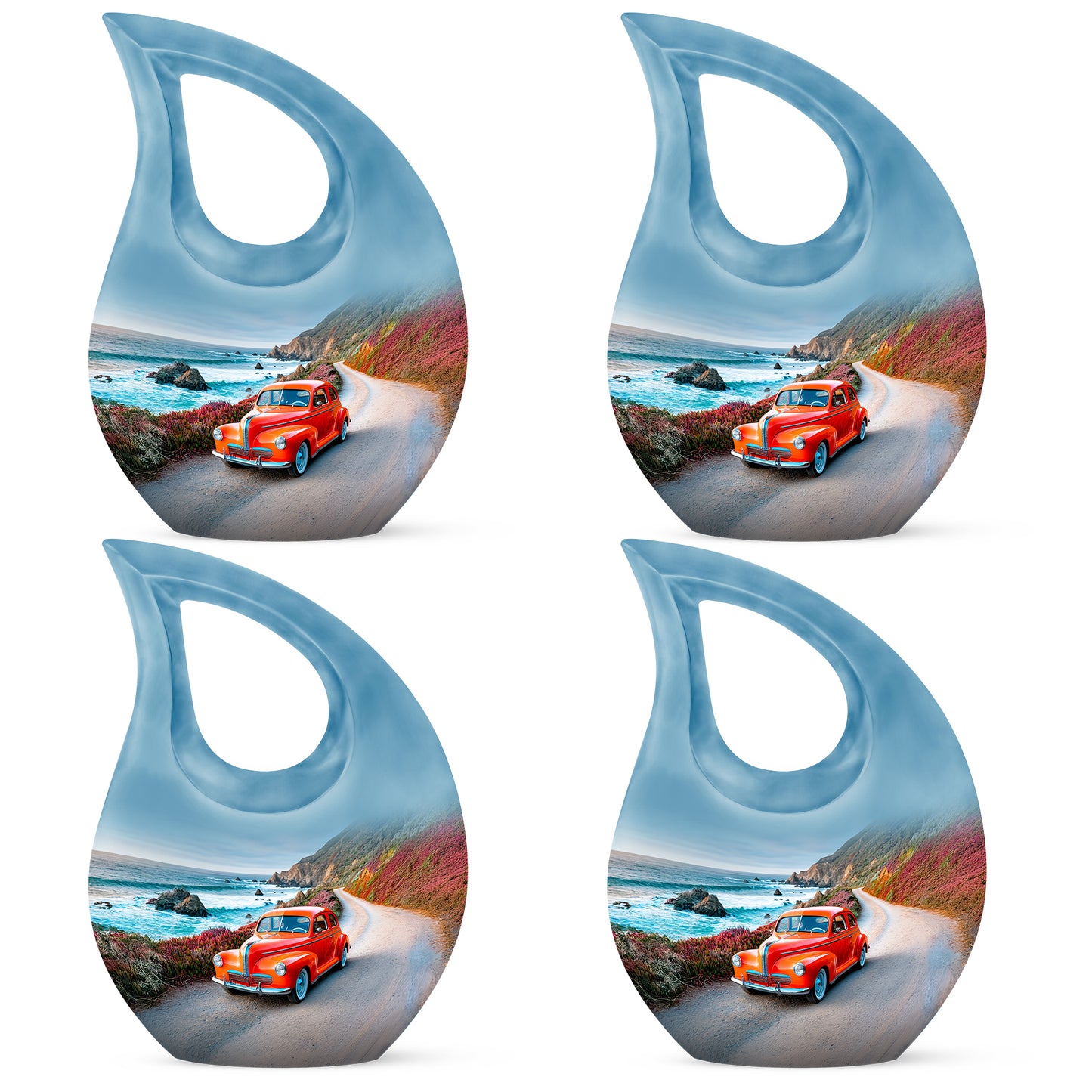 Calming Blue Car Cremation Urn lifestyle display on memorial shelf - devotional cross-drop car engraving - 10 inch aluminum urn for cremated remains