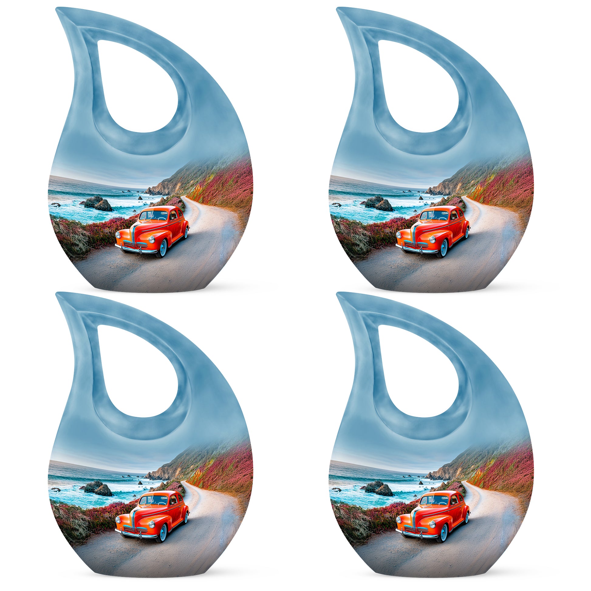 Calming Blue Car Cremation Urn lifestyle display on memorial shelf - devotional cross-drop car engraving - 10 inch aluminum urn for cremated remains