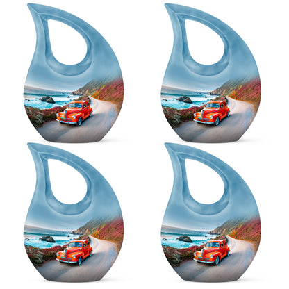 Calming Blue Car Cremation Urn lifestyle display on memorial shelf - devotional cross-drop car engraving - 10 inch aluminum urn for cremated remains