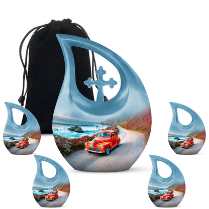 Soft Blue Car Cremation Urn urn with complimentary velvet bag - devotional cross-drop car engraving - memorial set with one large and four small urns