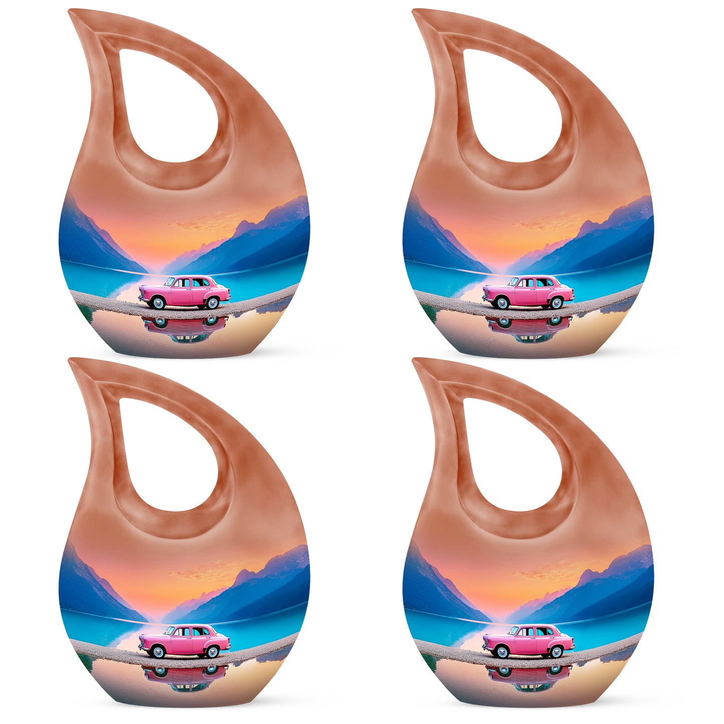 Garnet Red Car Cremation Urn lifestyle display on memorial shelf - cross and car combined in spiritual memorial design - 10 inch aluminum urn for cremated remains
