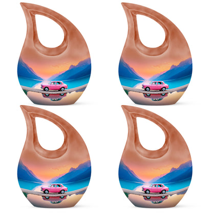 Garnet Red Car Cremation Urn lifestyle display on memorial shelf - cross and car combined in spiritual memorial design - 10 inch aluminum urn for cremated remains
