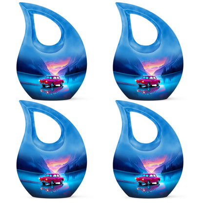 Sapphire Blue Car Cremation Urn lifestyle display on memorial shelf - devotional cross-drop car engraving - 10 inch aluminum urn for cremated remains