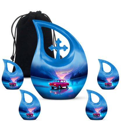 Pastel Blue Car Cremation Urn urn with complimentary velvet bag - sacred cross merged with car motif on metal - memorial set with one large and four small urns