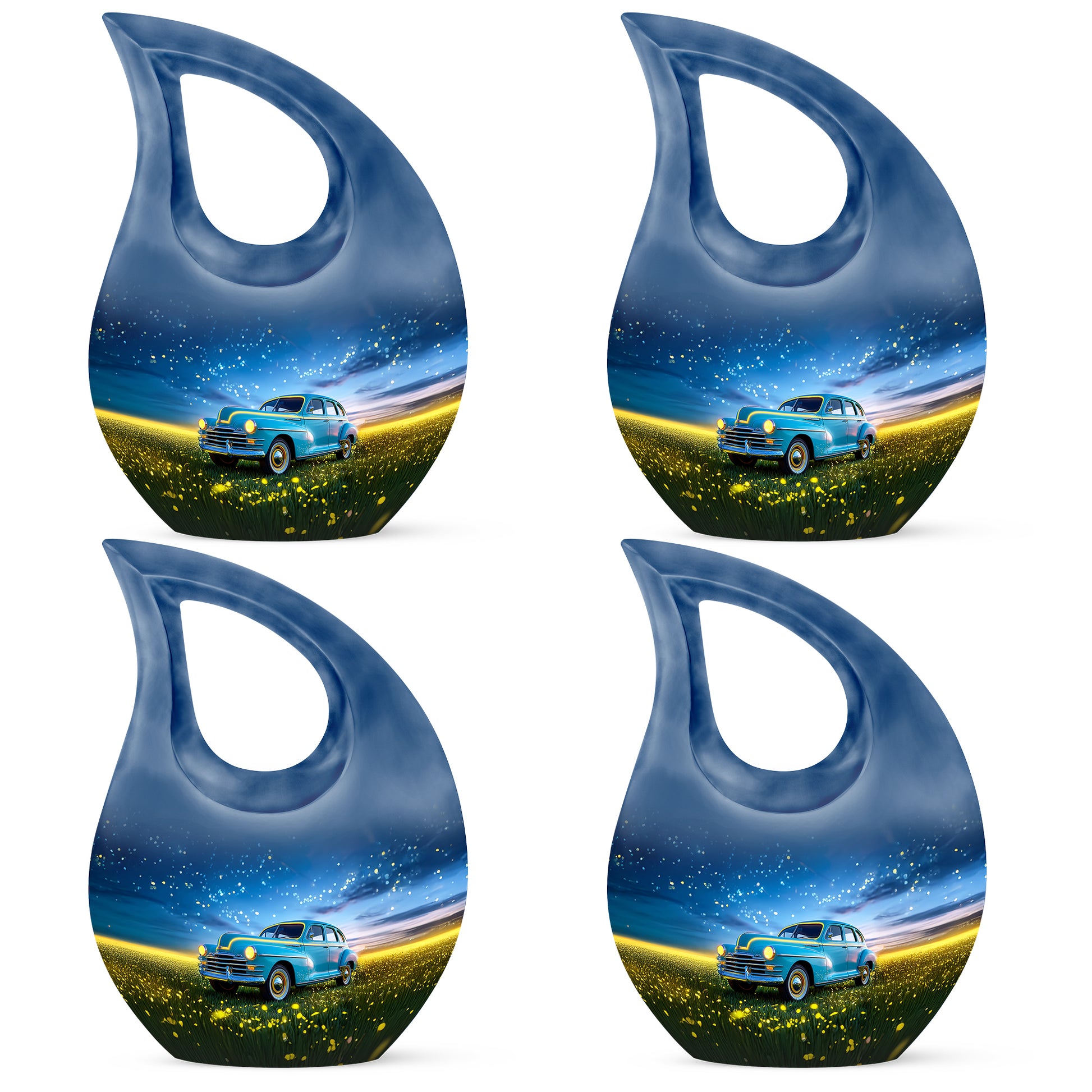Celestial Blue Car Cremation Urn lifestyle display on memorial shelf - cross and car combined in spiritual memorial design - 10 inch aluminum urn for cremated remains
