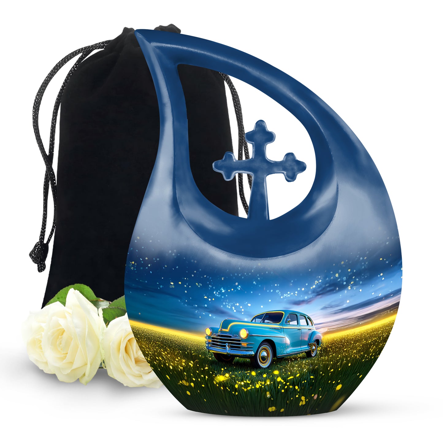 Calming Blue Car Cremation Urn top-down view of secure threaded lid - devotional cross-drop car engraving - full-size 10 inch 200 cubic inch adult cremation urn