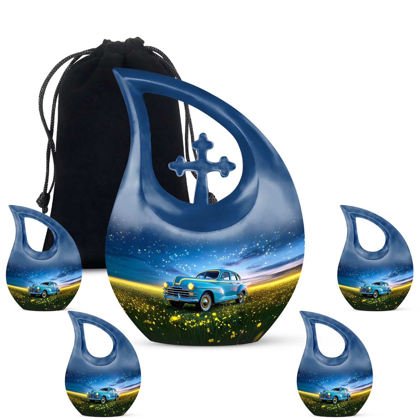 Indigo Car Cremation Urn urn with complimentary velvet bag - sacred cross merged with car motif on metal - memorial set with one large and four small urns