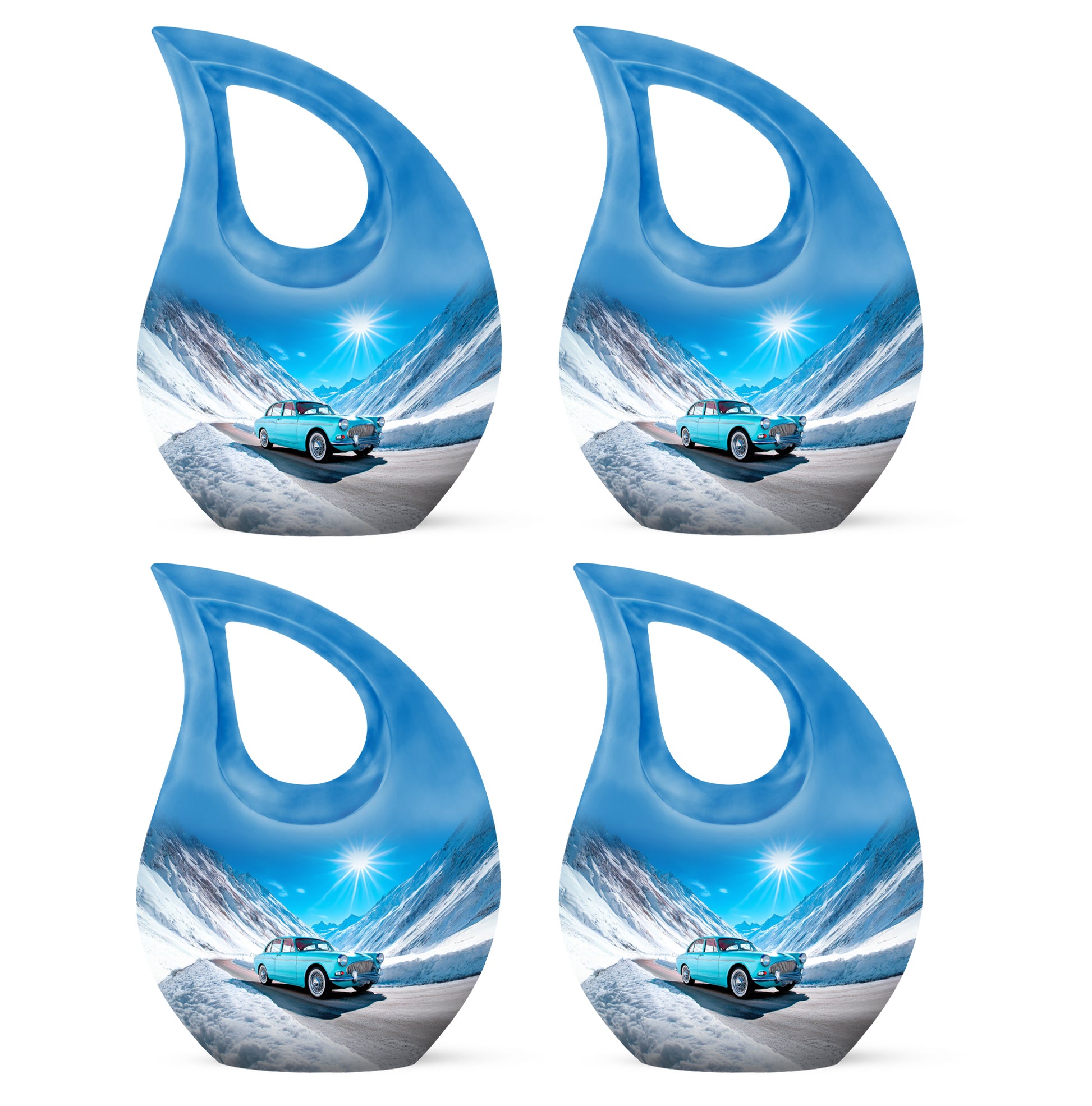 Cornflower Blue Car Cremation Urn lifestyle display on memorial shelf - devotional cross-drop car engraving - 10 inch aluminum urn for cremated remains