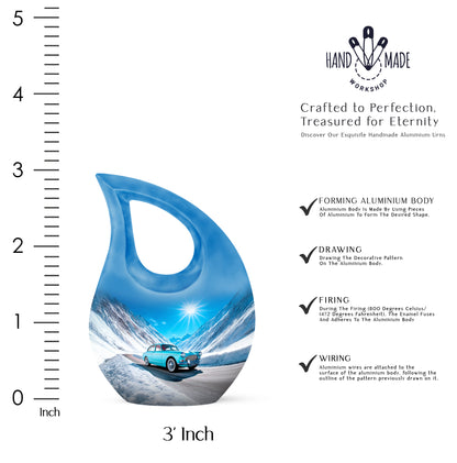 Vivid Blue Car Cremation Urn back view with polished surface - devotional cross-drop car engraving - mini keepsake memorial for portion of cremation ashes