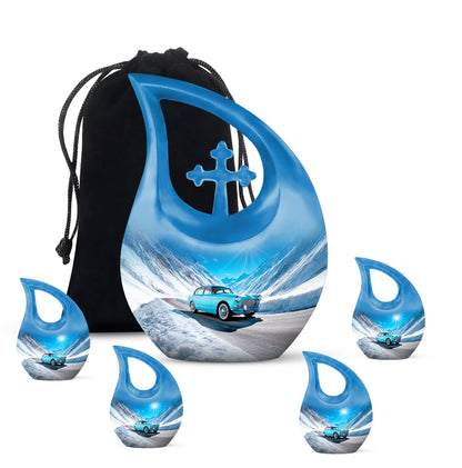 Slate Blue Car Cremation Urn urn with complimentary velvet bag - sacred cross merged with car motif on metal - memorial set with one large and four small urns