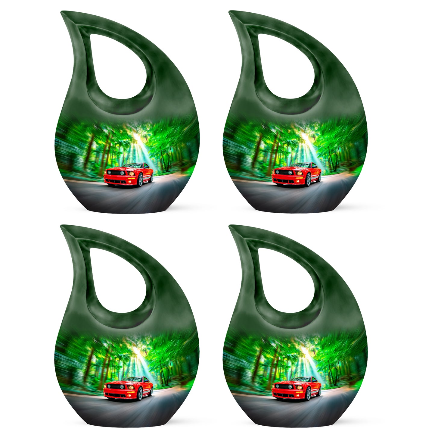 Emerald Green Car Cremation Urn lifestyle display on memorial shelf - cross and car combined in spiritual memorial design - 10 inch aluminum urn for cremated remains