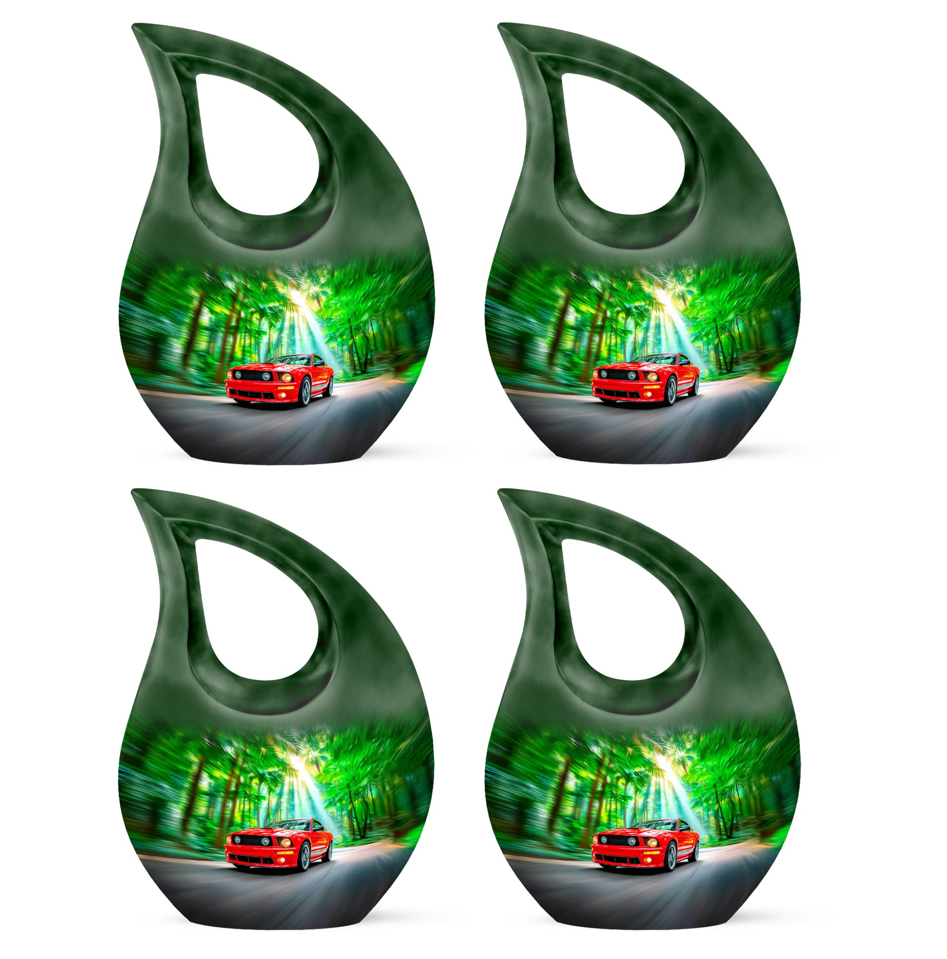 Emerald Green Car Cremation Urn lifestyle display on memorial shelf - cross and car combined in spiritual memorial design - 10 inch aluminum urn for cremated remains