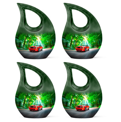 Emerald Green Car Cremation Urn lifestyle display on memorial shelf - cross and car combined in spiritual memorial design - 10 inch aluminum urn for cremated remains