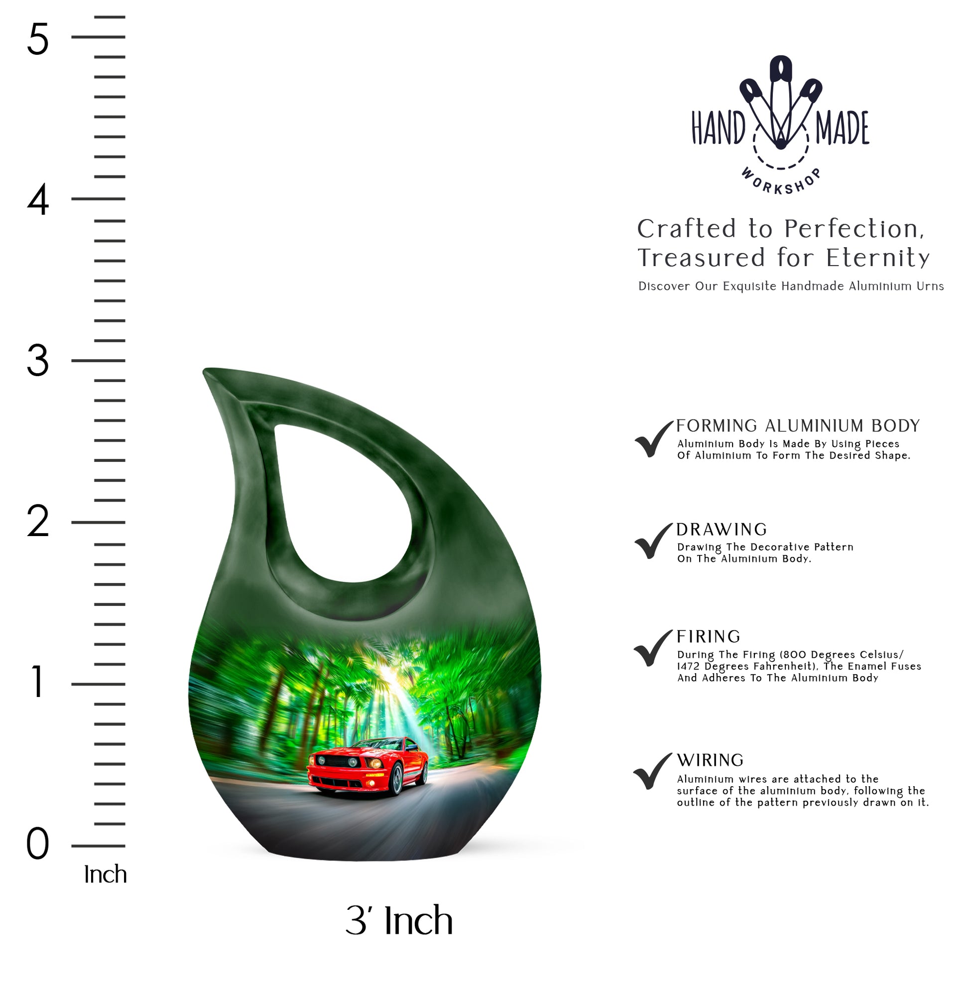 Olive Green Car Cremation Urn back view with polished surface - devotional cross-drop car engraving - mini keepsake memorial for portion of cremation ashes