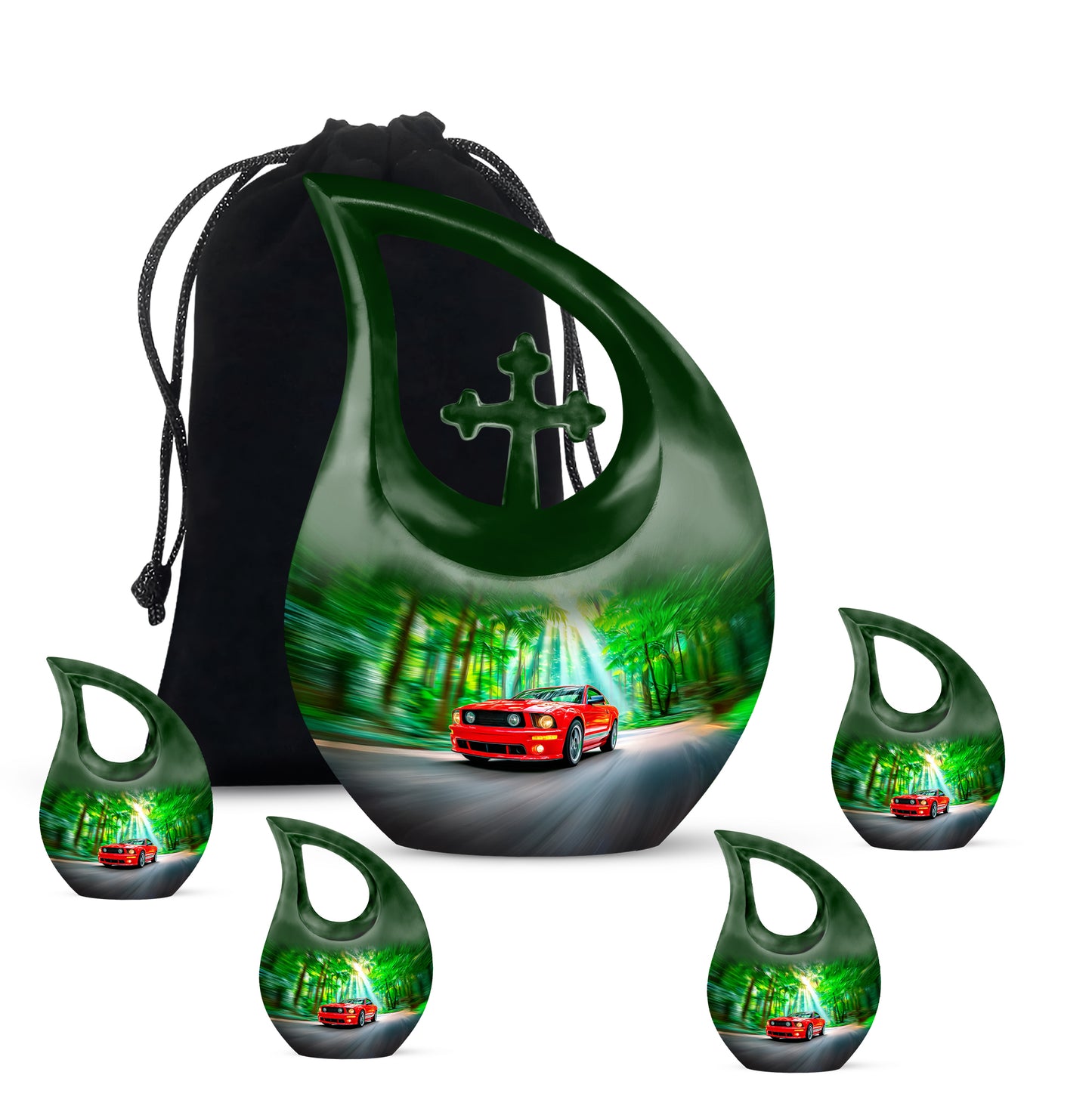 Sage Green Car Cremation Urn urn with complimentary velvet bag - sacred cross merged with car motif on metal - memorial set with one large and four small urns