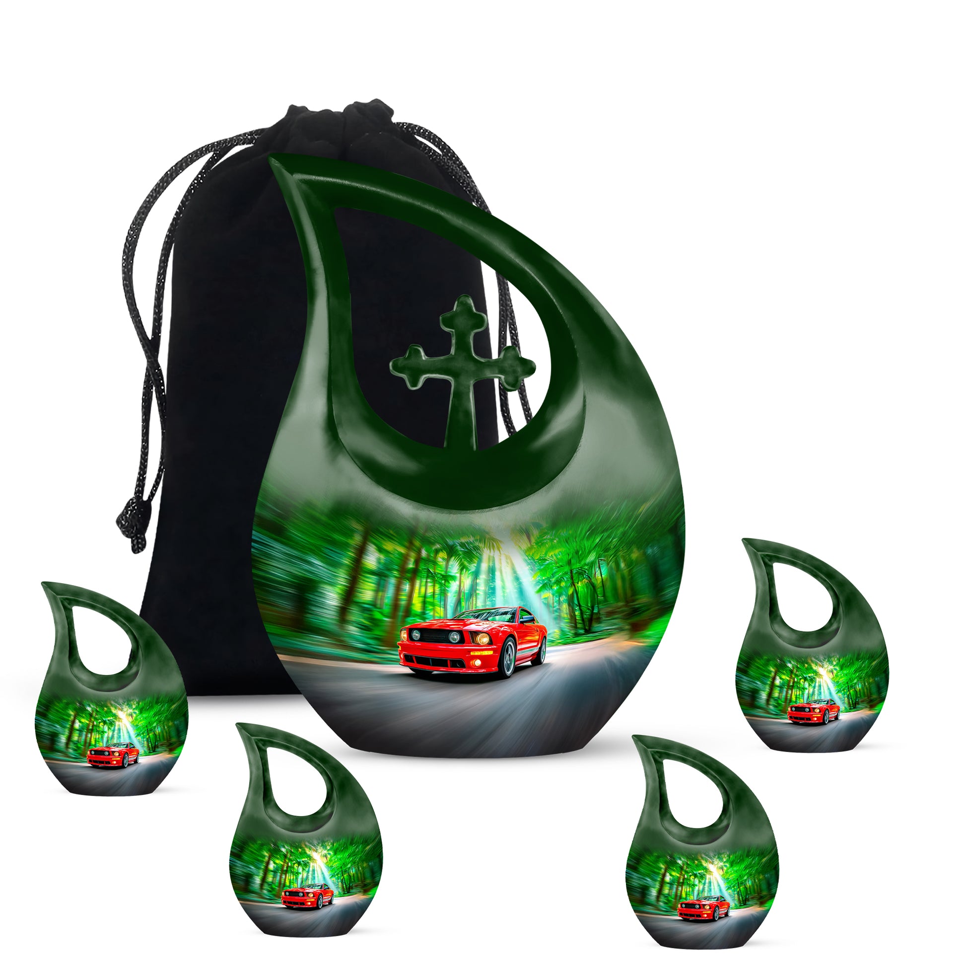Sage Green Car Cremation Urn urn with complimentary velvet bag - sacred cross merged with car motif on metal - memorial set with one large and four small urns