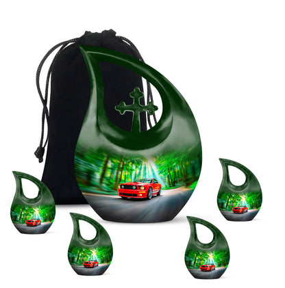 Sage Green Car Cremation Urn urn with complimentary velvet bag - sacred cross merged with car motif on metal - memorial set with one large and four small urns