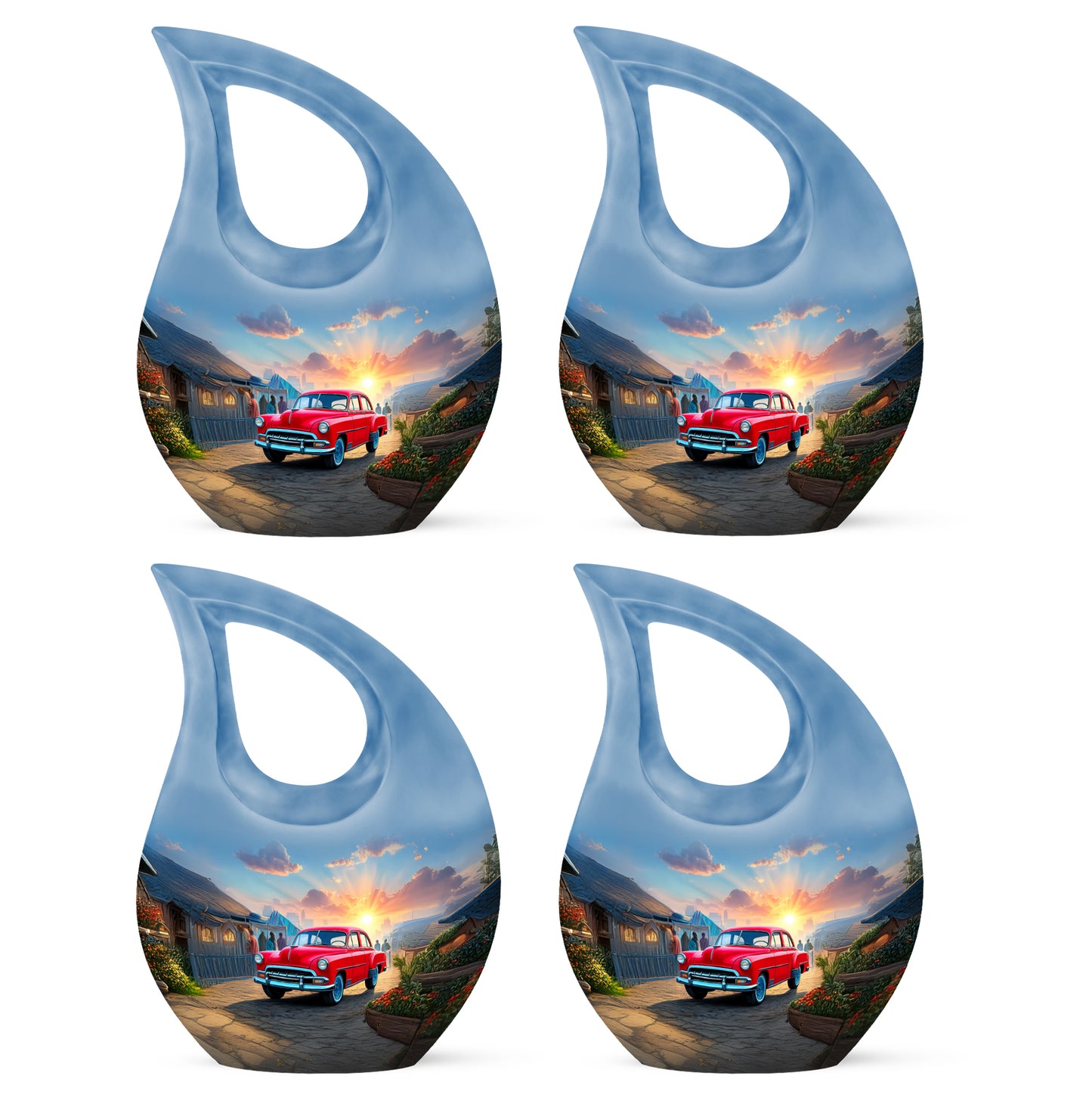 Slate Blue Car Cremation Urn lifestyle display on memorial shelf - cross and car combined in spiritual memorial design - 10 inch aluminum urn for cremated remains