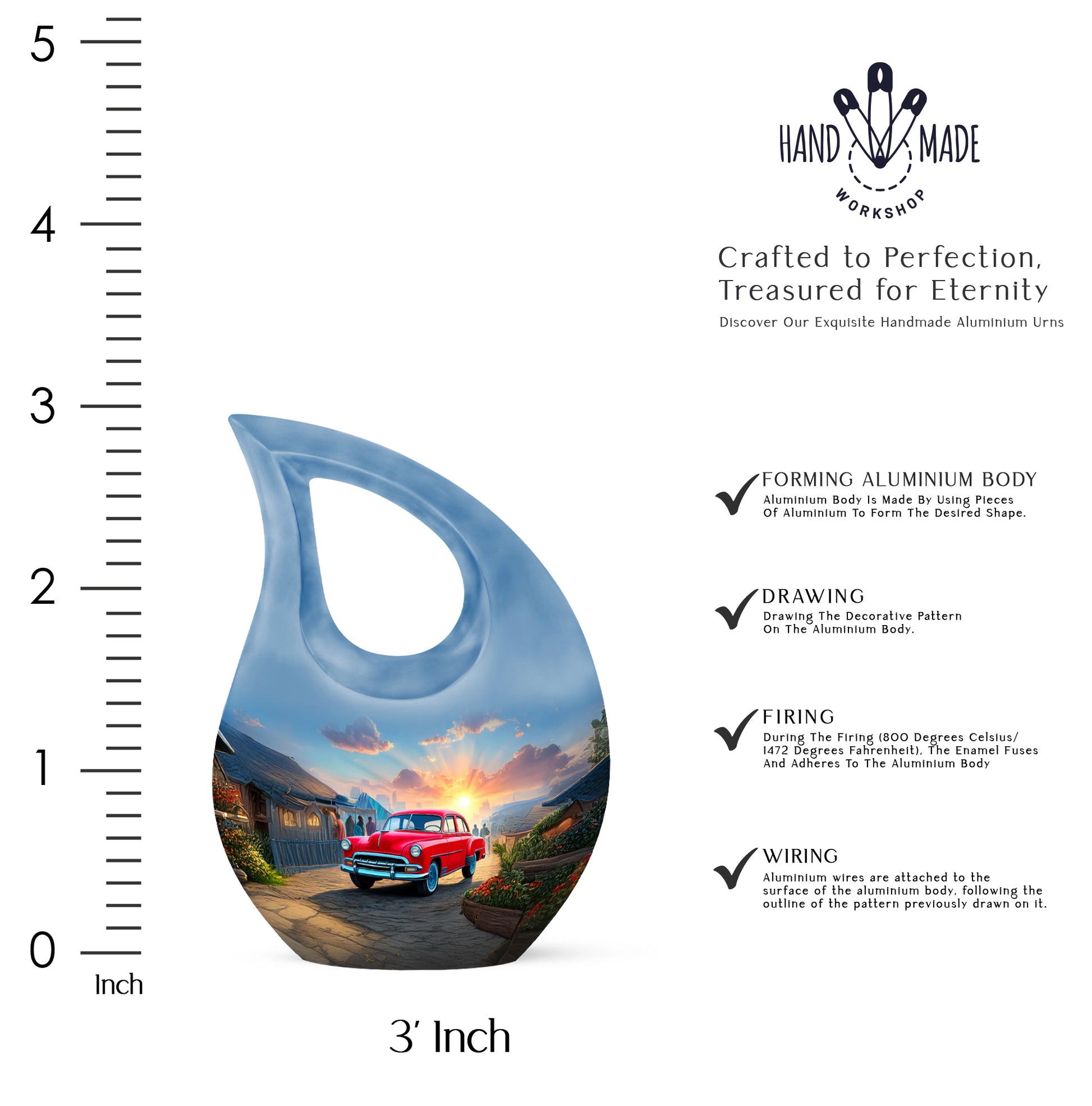 Twilight Blue Car Cremation Urn back view with polished surface - faith-inspired cross-drop urn with car pattern - mini keepsake memorial for portion of cremation ashes