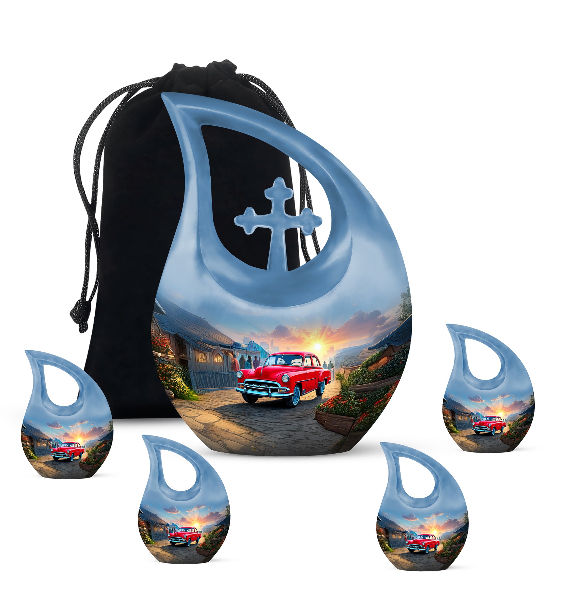 Bright Blue Car Cremation Urn urn with complimentary velvet bag - faith-inspired cross-drop urn with car pattern - memorial set with one large and four small urns