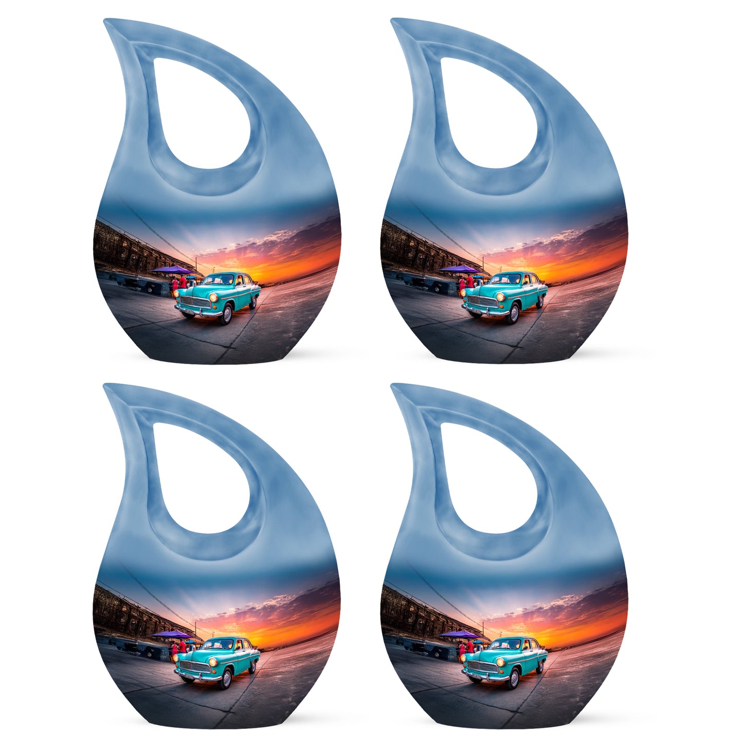 Powder Blue Car Cremation Urn lifestyle display on memorial shelf - cross and car combined in spiritual memorial design - 10 inch aluminum urn for cremated remains