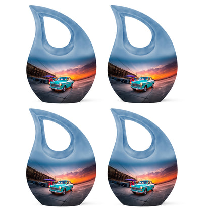 Powder Blue Car Cremation Urn lifestyle display on memorial shelf - cross and car combined in spiritual memorial design - 10 inch aluminum urn for cremated remains