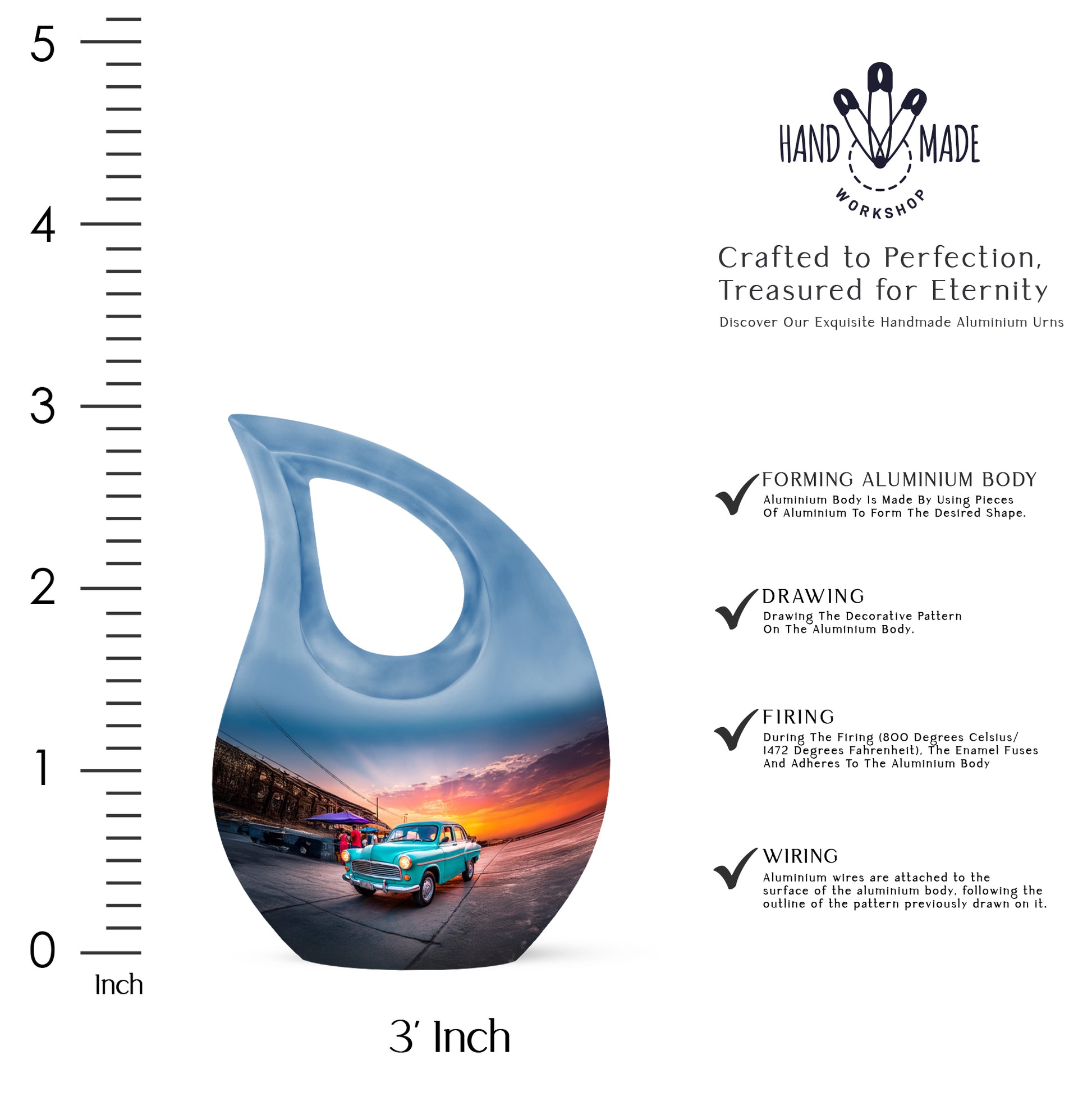 Cobalt Blue Car Cremation Urn back view with polished surface - faith-inspired cross-drop urn with car pattern - mini keepsake memorial for portion of cremation ashes