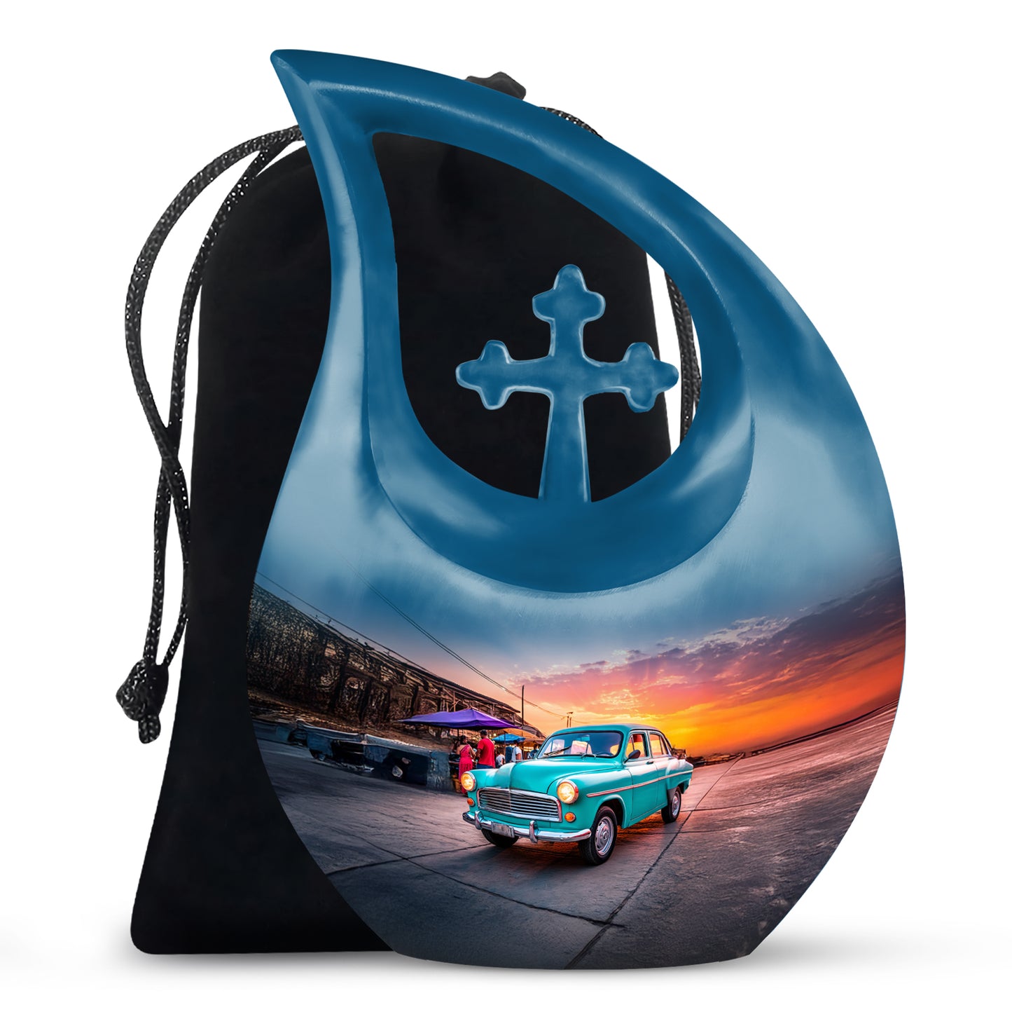 Bright Blue Car Cremation Urn top-down view of secure threaded lid - devotional cross-drop car engraving - full-size 10 inch 200 cubic inch adult cremation urn
