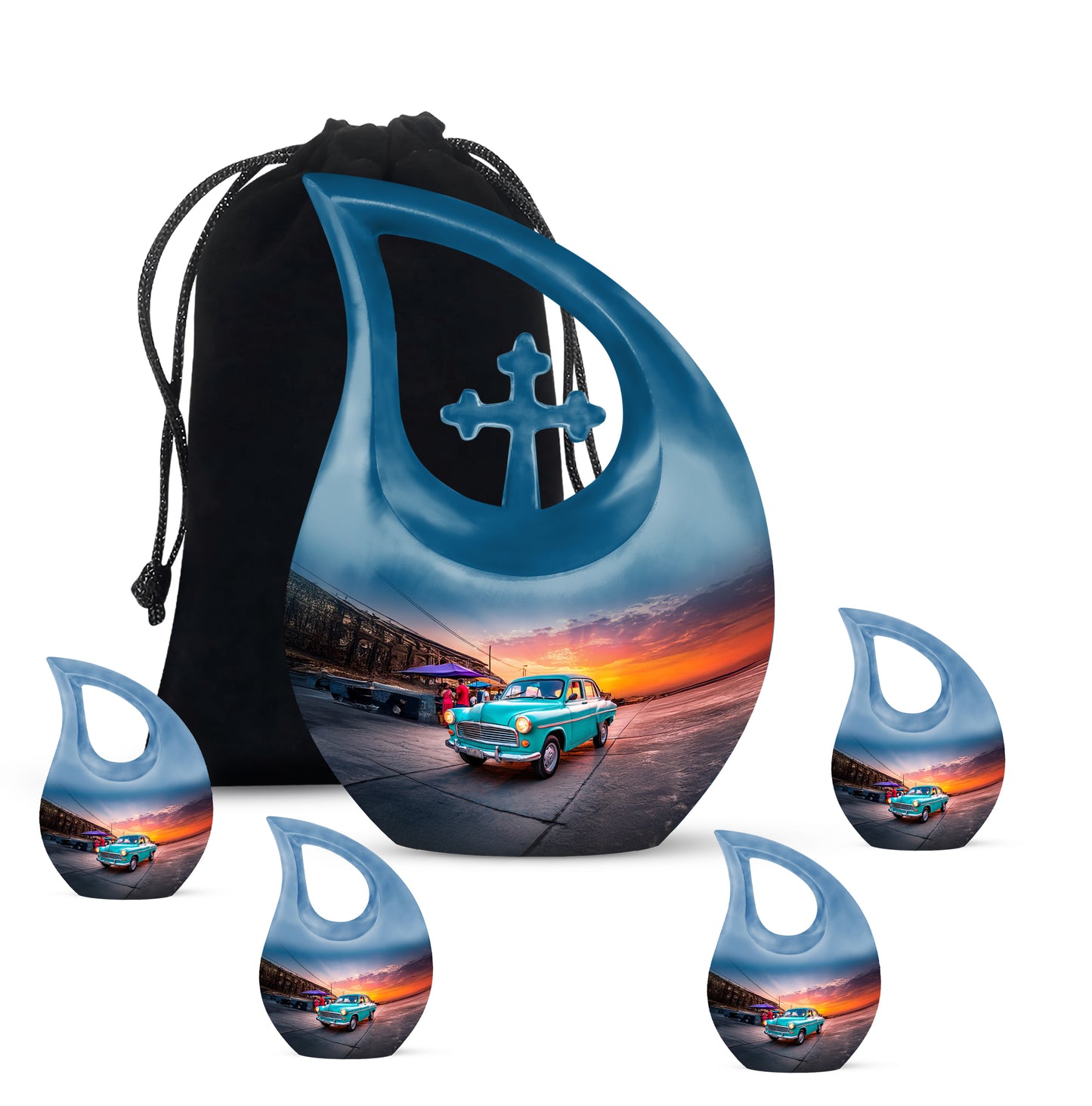Royal Blue Car Cremation Urn urn with complimentary velvet bag - faith-inspired cross-drop urn with car pattern - memorial set with one large and four small urns